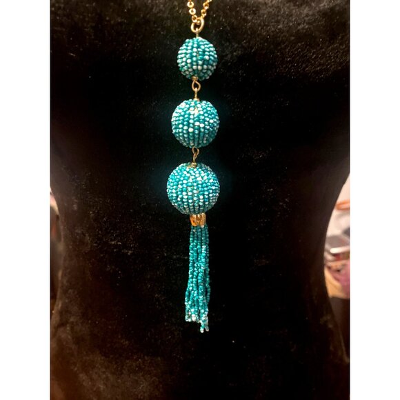 Vintage-Style Turquoise Beaded Pendant Necklace With Tassel On Gold-Tone Chain - Picture 2 of 7